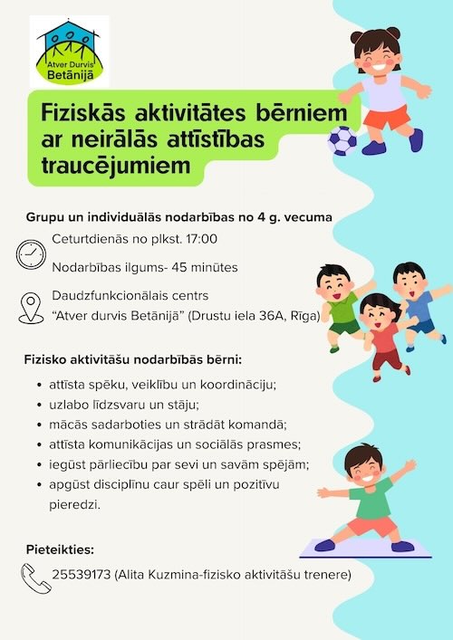 Fiziskās aktivitātes bērniem ar neirālās attīstības traucējumiem 2026 DFC Atver Durvis Betānijā Fiziskās aktivitātes bērniem ar neirālās attīstības traucējumiem 2026